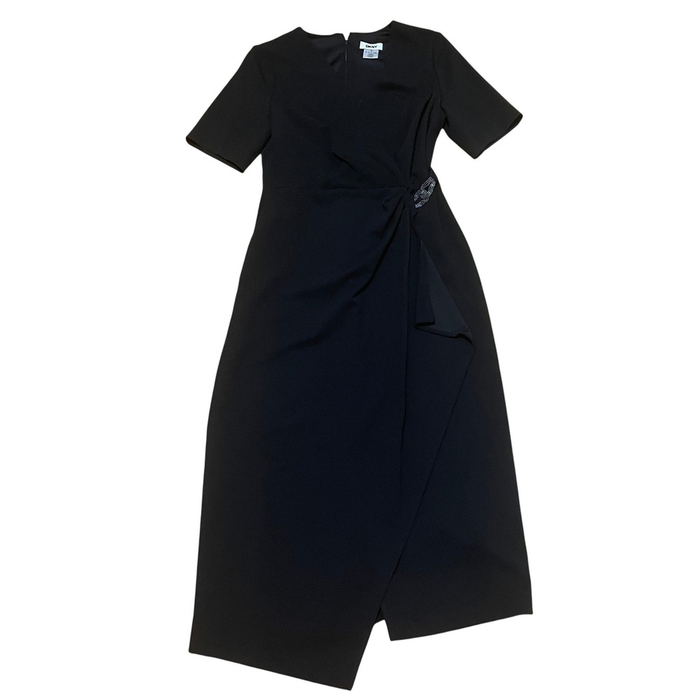 DKNY Black Short Sleeve‎ Asymmetrical Faux Wrap Midi Dress Chain Detail Sz 4 NWT